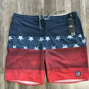 O'Neill Red and Blue Board Shorts with Patriotic Design